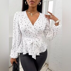 Heart Print Belted Wrap Peplum V-Neck Blouse Long Sleeve Top